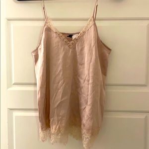 Blush satin cami with lace trim